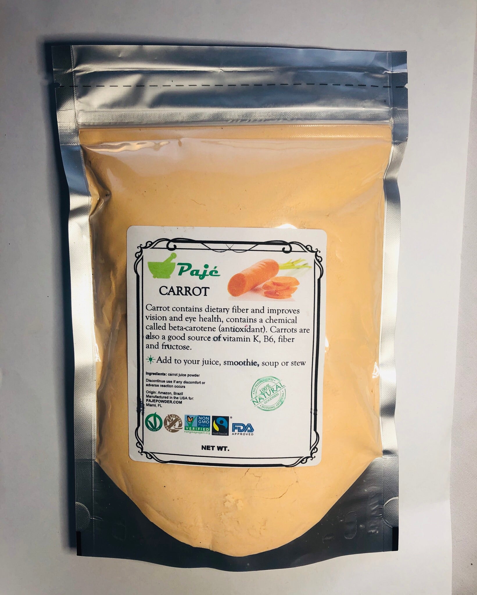 CARROT powder 8oz - 1/2 lb , beta-carotene, gluten free, non-GMO PAJE , vit K B6