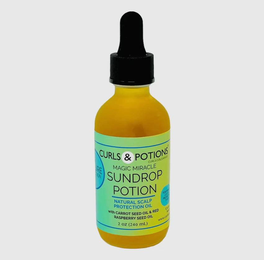 Sundrop Potion Oil (natural scalp protection oil) 2 oz
(carrot oil , red raspberry seed oil , Jamaican black castor oil , rosemary oil , vitamin e. msm, soybean oil )