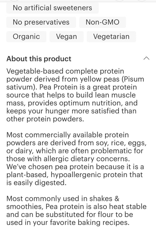 Pea Protein (unflavored) 29.76 oz  (27 servings) no soy free, dairy free