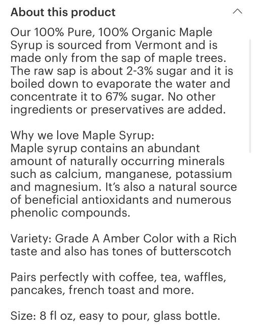 Maple Syrup 100% 100% Organic 8oz