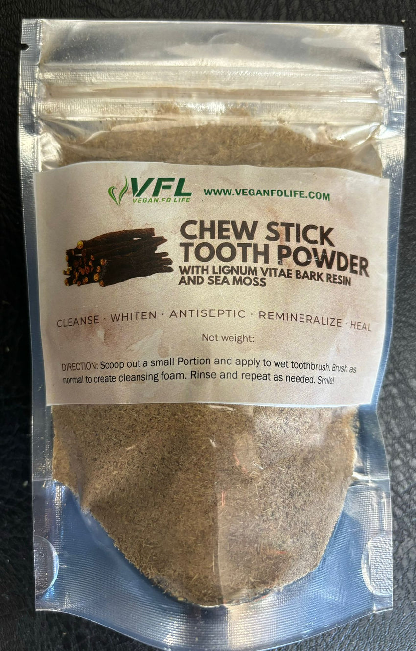 Chew Stick Tooth Powder 56g
with Lignum Vitae Bark Resin and Sea Moss 
(Cleanse, Whiten , Antiseptic, Heal)